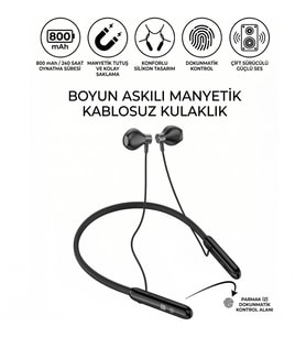 Manyetik Spor Kulaklığı Enseye Takılan Bluetooth Kulaklık Şarj Göstergeli Dokunmatik Kontrol