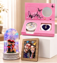 Kişiye Özel Fotoğraflı Renkli Led Işıklı Fanus & İstiridye İnci Kolye Hediye Seti (Model 1)