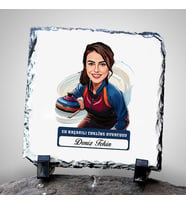Kişiye Özel Hediye Karikatürlü Kadın Curling Oyuncusu Dekoratif Taş