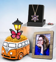 Fotoğraflı Vosvos Minibüs Masa Lambası ve Gerçek Ametist Taşlı Lotus Kolye Hediye Seti