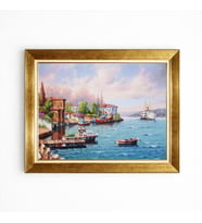 Tablore İstanbul Boğazı Yalılar Ve Vapur Manzaralı Altın Çerçeveli Kanvas Tablo