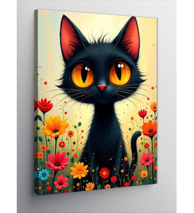 Kanvas Tablo Kara Kedi Çiçekli