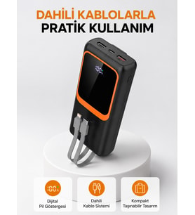 Powerbank 20000 mAh Dijital Ekranlı ve Çok Kablolu Hızlı Şarj Cihazı