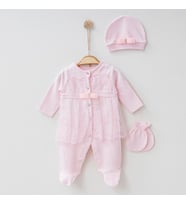 Pembe Fiyonk Detaylı Uzun Tüllü Kız Bebek 3 Parça Tulum Takımı Mevlütlük Takım