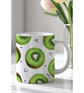 Kivi Desenli 330ml Baskılı Beyaz Seramik Kupa Bardak