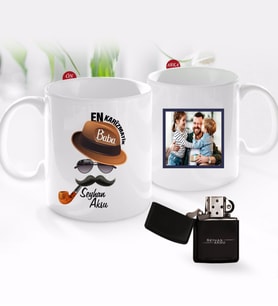 BK Gift Kişiye Özel Babalar Günü Hediyesi Fotoğraflı Kupa Bardak ve Benzinli Çakmak Seti-94 (Model 1)