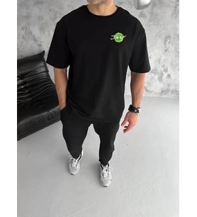 pilelistore- Unisex Bisiklet Yaka Baskılı Oversize T-Shirt - Siyah