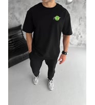 pilelistore- Unisex Bisiklet Yaka Baskılı Oversize T-Shirt - Siyah