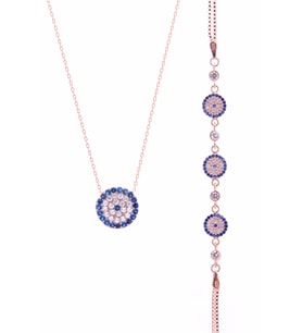 NAZAR BONCUKLU 925 AYAR GÜMÜŞ ZİRKON TAŞLI ROSE KOLYE BİLEKLİK TAKIM