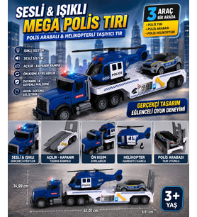 Sesli ve Işıklı Mega Polis Tırı Oyun Seti Polis Arabalı & Helikopterli Taşıyıcı Tır