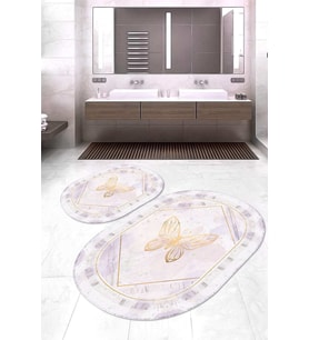 Dijital Baskılı Kaymaz Taban Yıkanabilir Oval 2'li Klozet Takımı Banyo Paspası NOKZ-HS-337 (Krem)