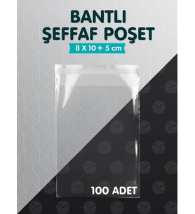 Bantlı Şeffaf Poşet (8x10+5cm)   100 Adet Parlak Jelatin Paket Hediye Poşeti -T954