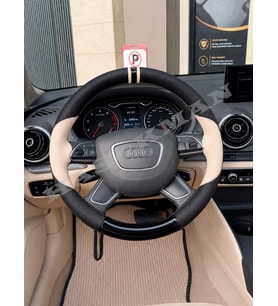 Audi A6 C7 Dikme Direksiyon Kılıfı Delikli Deri Parlak Siyah Bej Detay Çift Yüzük ve Dikiş 2011-2018
