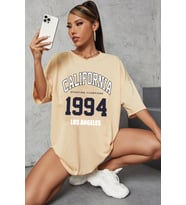 Unisex California Baskılı Oversize Tshirt (Bej)