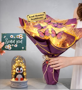 Size Özel Led Işıklı Kelebek Buketi & Led Işıklı Penguen Biblolu Fanus (Model 7)