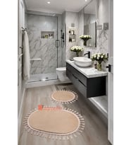 My Evilla Modern Simirna Dekoratif  Peluş Oval 60x100-50x60 Ponpon Saçaklı Klozet Takımı (Bej)