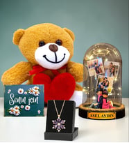 Size Özel Led Işıklı Fanus & Ametist Taşlı Lotus Kolye & Kalpli Peluş Ayıcık Hediye Seti (Model 8)