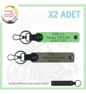 Motorcu Dostlara İsim Plaka ve 0 + Kan Grubu Yazılı Özel Hediye x2 Anahtarlık, Kül Gri-F Yeşil-Syh (Çok Renkli)