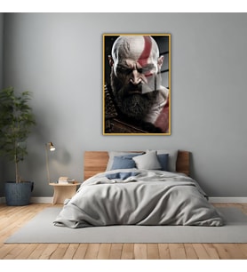 Metal Çerçeveli Temperli Cam Tablo God of War Karakteri Kratos (Gold)