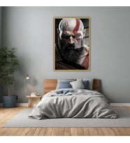 Metal Çerçeveli Temperli Cam Tablo God of War Karakteri Kratos (Gold)