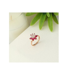 925 Ayar Gümüş Rubi Taşlı Rose Lotus Nilüfer Çiçeği Ayarlanabilir Yüzük (STD)