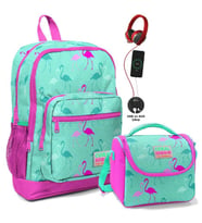 Coral High Okul Çantası ve Beslenme Çantası Seti - Kız Çocuk Yeşil Flamingo - USB Soketli