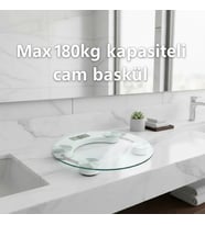 Yuvarlak Şeffaf Dijital Cam Baskül Tartı – 180 Kg Taşıma Kapasitesi, Hassas Ölçüm, Şık Tasarım Teraz