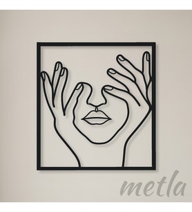 Line Art Kadın Yüzü ve Eller Metal Duvar Tablosu Mat Siyah - Kadına ve Sevgiliye Hediye