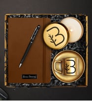 Kişiye Özel Taba Rengi Defter & Gold Fincan & Gold Mum & Kişiye Özel Deri Kılıflı Touch Pen Kalem Hediye Seti