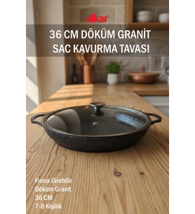 36 cm büyük döküm granit kapaklı fırınlı sac kavurma tavası