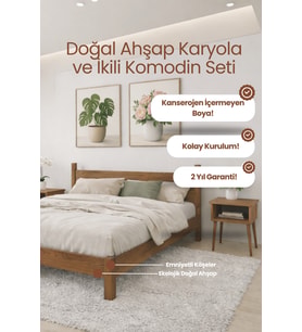 Mi̇rage Model Masif Ahşap Karyola ve 2 Adet Komodin Kolay Kurulum Fırınlanmış İthal Sibirya Çamı 140x190 Yatak Uyumlu 2 Adet Komodin