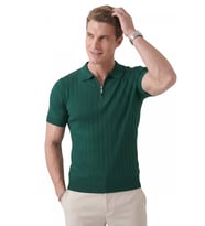 DeepSEA Erkek Yeşil Polo Yaka Fermuarlı Çizgi Dokulu Regular Fit Likralı Triko Tişört 2608008