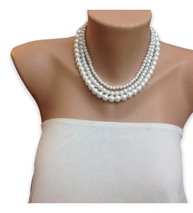 El Yapımı 3 sıra Cam İnci Choker (Beyaz)