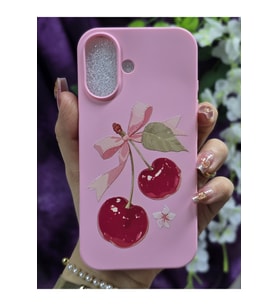 iPhone 16 Uyumlu Kiraz ve Kurdele Desenli İçi Kadife Sert Silikon Pembe Telefon Kılıfı