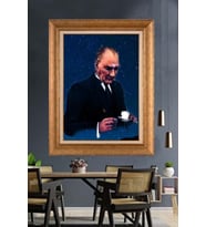 Altın Varaklı Çerçeveli Paspartulu Atatürk Tablo nh195 (Gold)