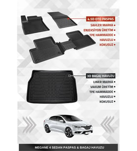 Sahler Renault Megane 4 Sedan 2016+ Uyumlu 4.5D Premium Havuzlu Oto Paspas ve Liner Marka 3D Kulaklı Bagaj Havuzu