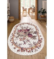 Dijital Baskılı Kaymaz Taban Yıkanabilir Oval Salon Halısı Mutfak Halısı Yolluk NDO-HT-451 (Bej)