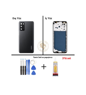 Oppo A16 Siyah Uyumlu Lensli Orta Kasa + Yapıştırıcı ve Vida Seti Full Kasa Kapak Gövde Housing