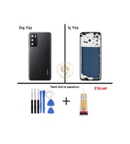 Oppo A16 Siyah Uyumlu Lensli Orta Kasa + Yapıştırıcı ve Vida Seti Full Kasa Kapak Gövde Housing