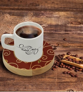 BK Gift Kişiye Özel Retro Motif Tasarımlı Doğal Ahşap Tabaklı Türk Kahvesi Fincanı Model 1