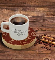 BK Gift Kişiye Özel Retro Motif Tasarımlı Doğal Ahşap Tabaklı Türk Kahvesi Fincanı Model 1