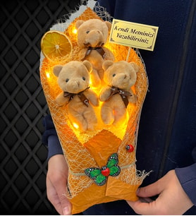 Led Işıklı Kişiye Özel Kahverengi Ayıcıklı Büyük Boy Peluş Ayıcık Buketi (Model 5)