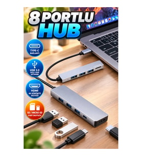 MacBook Pro/Air Uyumlu USB Type-C 8 Portlu Hub Dönüştürücü – USB 3.0 HDMI Micro SD Çoklayıcı