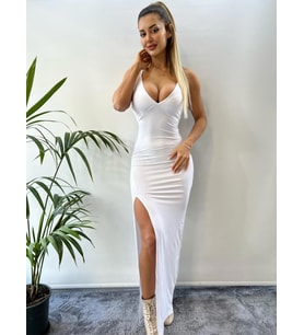 Beyaz Askılı Yırtmaçlı Elbise