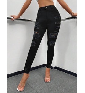 Kadın Yüksek Bel Slim Fit Lazer Kesim Yırtık Jean Kot Pantolon (Siyah)