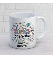 Kişiye Özel Türkçe Öğretmeni Baskılı Kupa, Renkli Eğitim ve Kitap Temalı İsimli Öğretmen Hediyesi