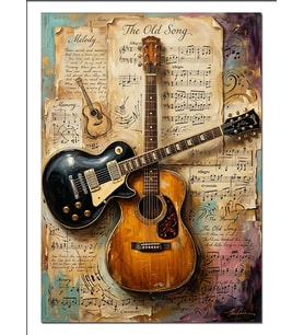 Gitarlar Nota Kağıdı Vintage Koleksiyon Dekoratif Kanvas - Mdf Ahşap Tablo