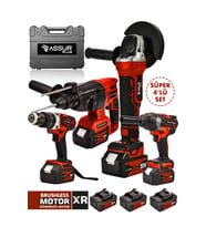 Assur Plus 4 lü Set Şarjlı Kömürsüz Motor Matkap Vidalama-Kırıcı Delici Hılti-Taşlama-Somun Sökme Makinesi Kırmızı