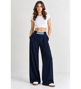 Kadın Beli Lastikli Rahat Kesim Çizgili Pileli Geniş Paça Pantolon - Acı Kahve