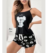 Intive Siyah Şirin Fil/Kelebek Desenli Şortlu Büstiyer Takım-Pijama Takımı (Siyah - Beyaz)